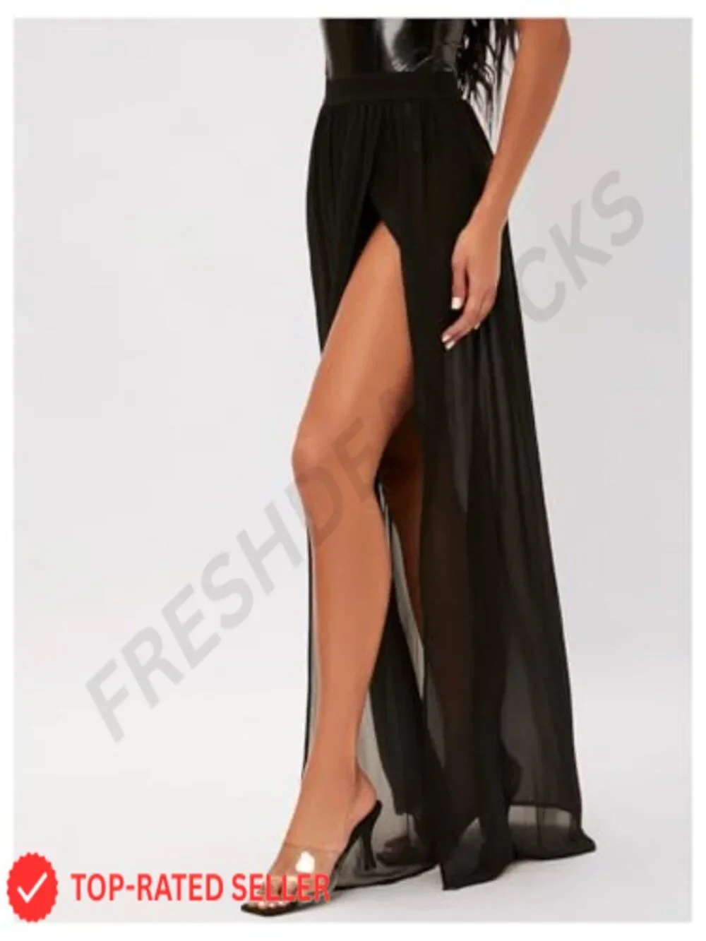 Mesh Sheer Ruffle Maxi Skirt High Waist See Through Thigh Split Long - Picture 2 of 5